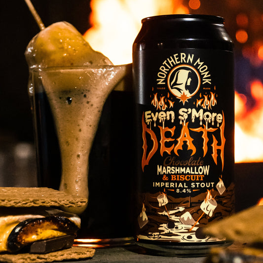 Can of Northern Monk 'Even S'More Death' Imperial Stout with marshmallow on a stick in front of a fire.